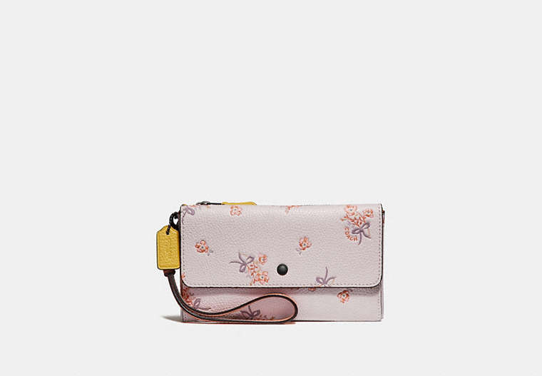 COACH®,TRIPLE SMALL WALLET IN COLORBLOCK WITH FLORAL BOW PRINT,Leather,Silver/Ice Pink,Front View