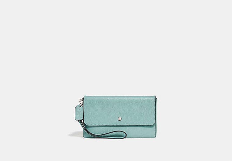 COACH®,TRIPLE SMALL WALLET,pusplitleather,Silver/Light Turquoise,Front View