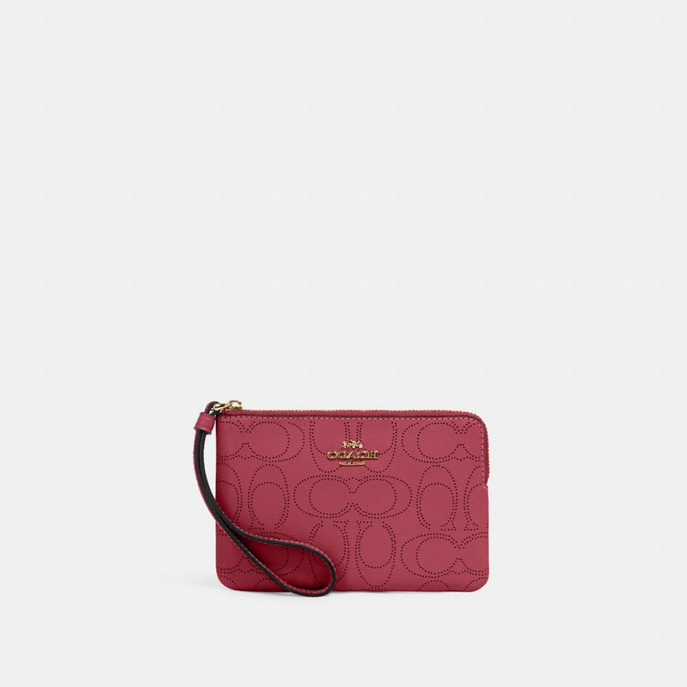 Coach Corner Zip Wristlet Perforated Signature Leather Rouge Pink 2961 -  beyond exchange
