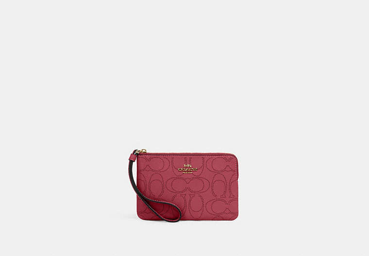 COACH®,CORNER ZIP WRISTLET IN SIGNATURE LEATHER,Leather,Mini,Gold/Rouge,Front View
