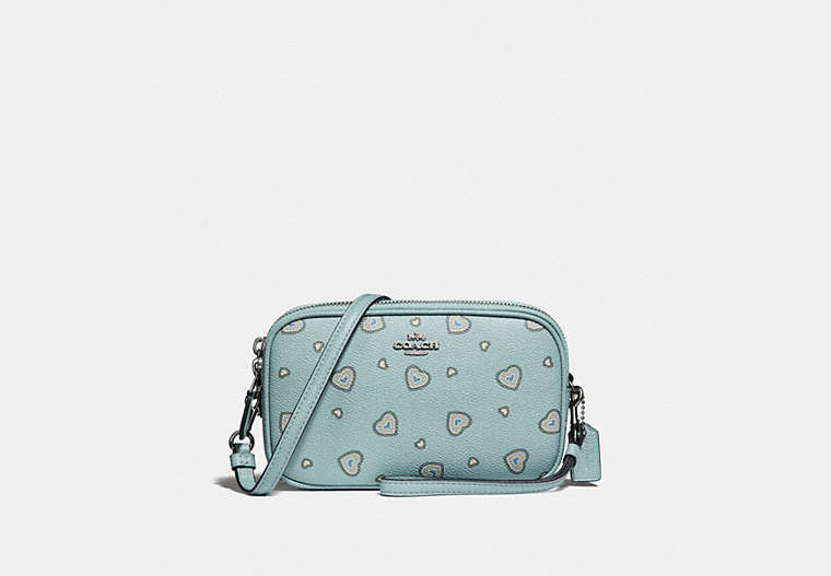 COACH®,CROSSBODY CLUTCH WITH WESTERN HEART PRINT,Coated Canvas,Silver/Light Turquoise Western Heart,Front View