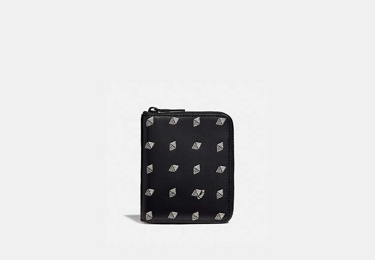COACH®,SMALL ZIP AROUND WALLET WITH DOT DIAMOND PRINT,Leather,Black/Chalk,Front View