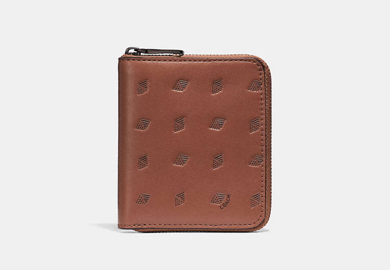 COACH®,SMALL ZIP AROUND WALLET WITH DOT DIAMOND PRINT,Leather,Pepper/Mahogany,Front View