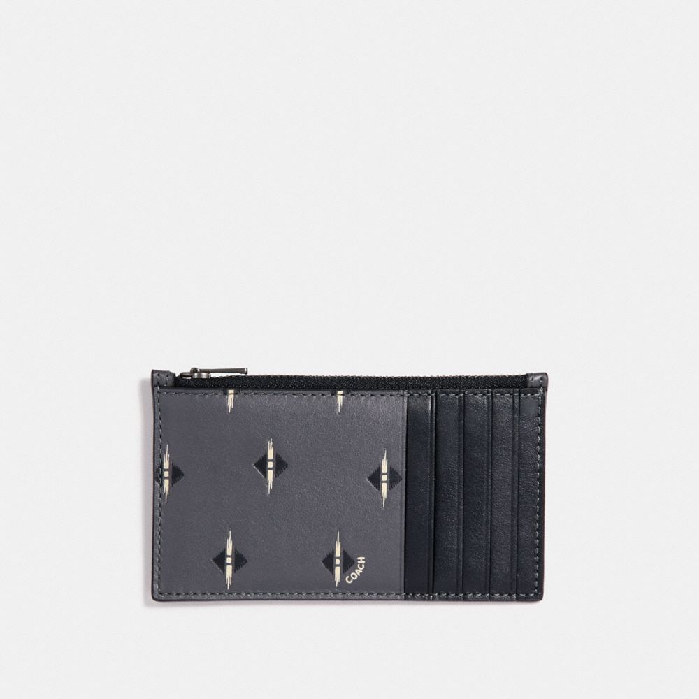 COACH®,ZIP CARD CASE WITH IKAT GEO PRINT,Leather,GRAPHITE,Front View
