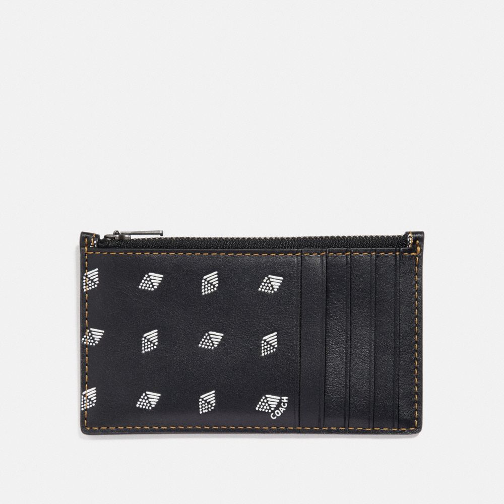 COACH®,ZIP CARD CASE WITH DOT DIAMOND PRINT,Leather,Black/Chalk,Front View