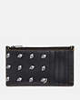 COACH®,ZIP CARD CASE WITH DOT DIAMOND PRINT,Leather,Black/Chalk,Front View