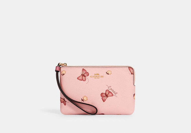 COACH®,CORNER ZIP WRISTLET WITH BUTTERFLY PRINT,Gold/Blossom/ Pink Multi,Front View