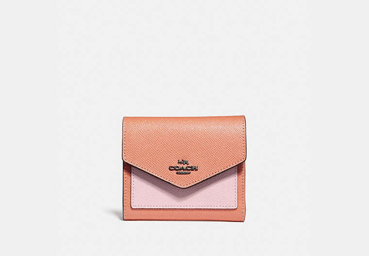 COACH®,SMALL WALLET WITH PRINTED INTERIOR,Leather,Black Copper/Dark Blush Multi,Front View
