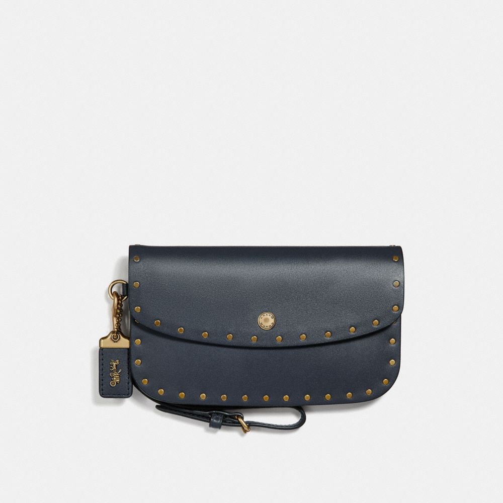 COACH®,CLUTCH WITH RIVETS,Leather,Brass/Midnight Navy,Front View image number 0