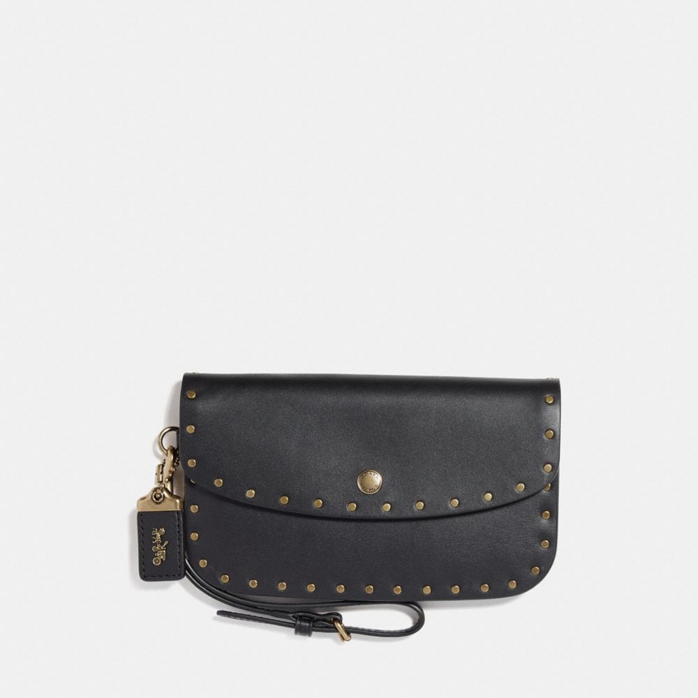 COACH®,CLUTCH WITH RIVETS,Leather,Brass/Black,Front View