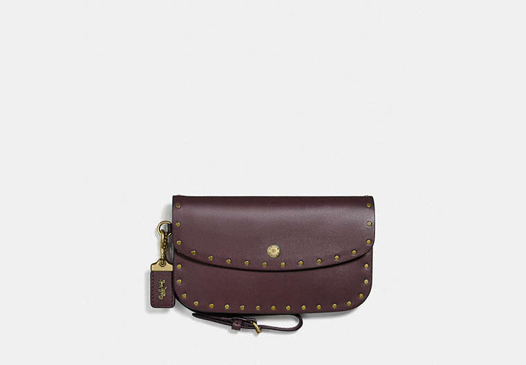 COACH®,CLUTCH WITH RIVETS,Leather,Brass/Oxblood,Front View