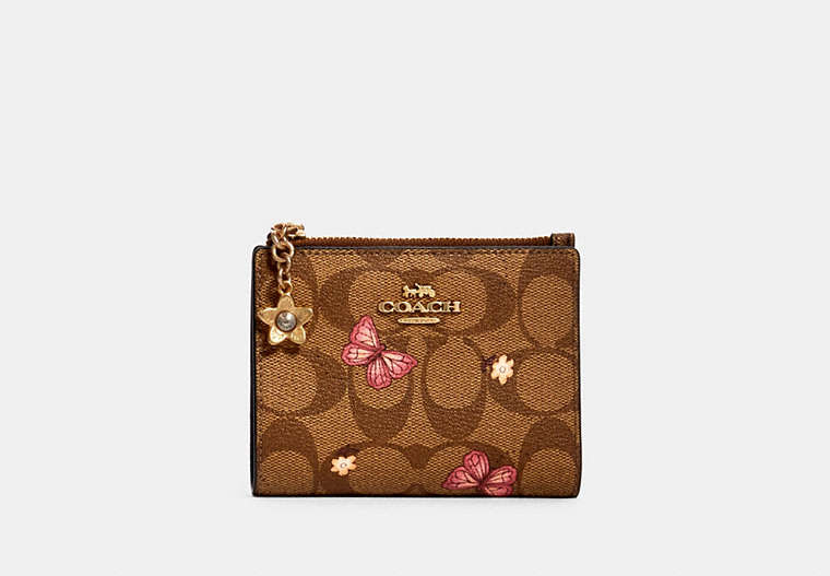 COACH®,SNAP CARD CASE IN SIGNATURE CANVAS WITH BUTTERFLY PRINT,pvc,Gold/Khaki Pink Multi,Front View