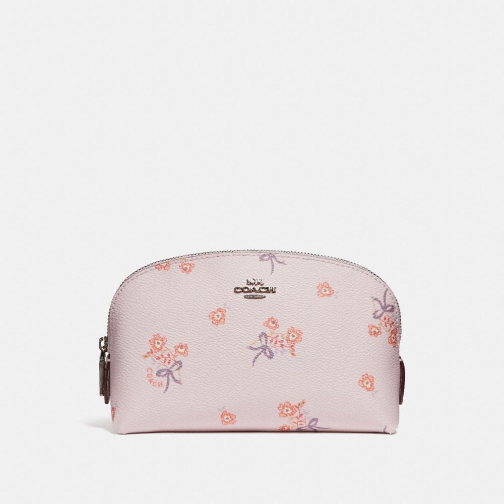 COACH®,COSMETIC CASE 17 WITH FLORAL BOW PRINT,Coated Canvas,Silver/Ice Pink Floral Bow,Front View