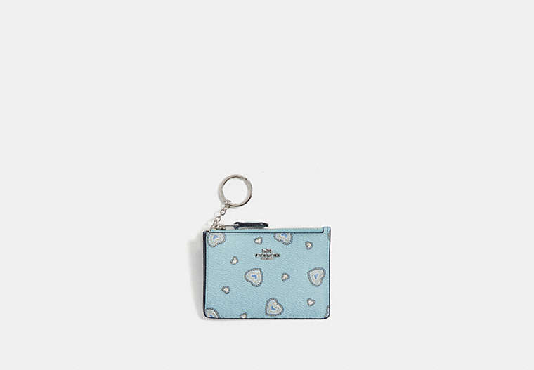 COACH®,MINI SKINNY ID CASE WITH WESTERN HEART PRINT,Coated Canvas,Silver/Light Turquoise Western Heart,Front View