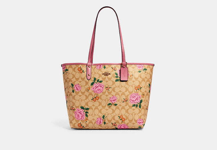 COACH®,REVERSIBLE CITY TOTE IN SIGNATURE CANVAS WITH PRAIRIE ROSE PRINT,pvc,Gold/Light Khaki Pink Multi/Rose,Front View