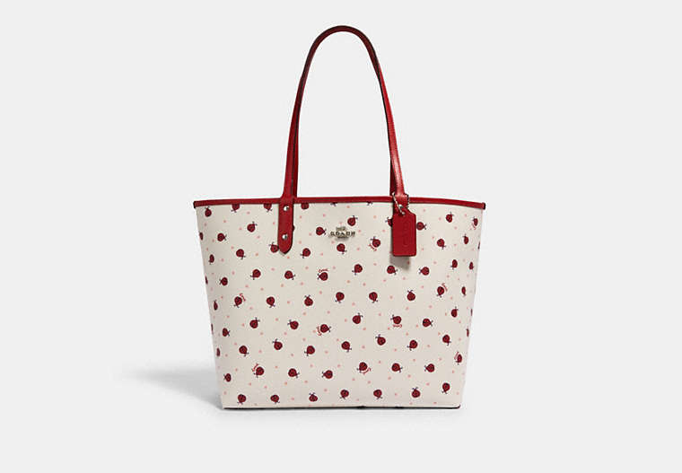 COACH®,REVERSIBLE CITY TOTE WITH LADYBUG PRINT,pvc,X-Large,Silver/Chalk/ Red Multi/ True Red,Front View