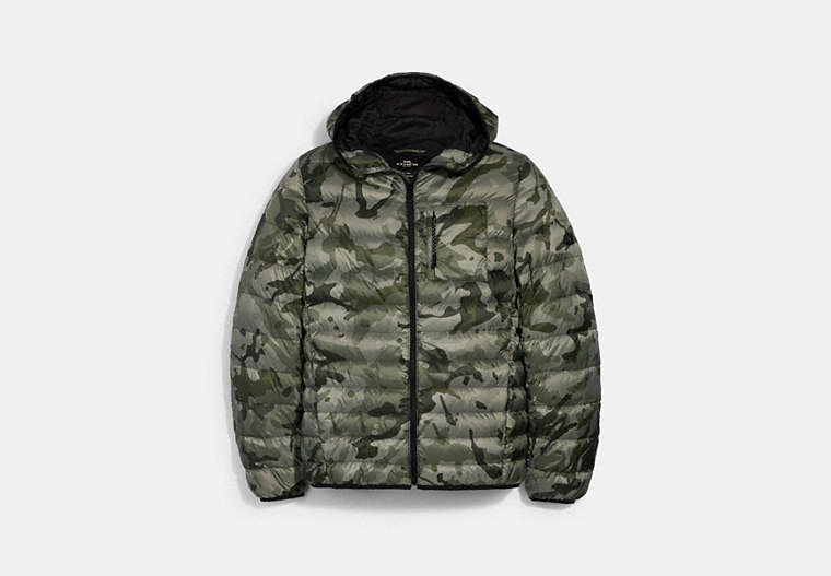 COACH®,PACKABLE HOODED DOWN JACKET,n/a,Olive Ink Camo,Front View