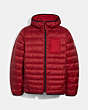 COACH®,PACKABLE HOODED DOWN JACKET,n/a,Cherry Signature,Front View