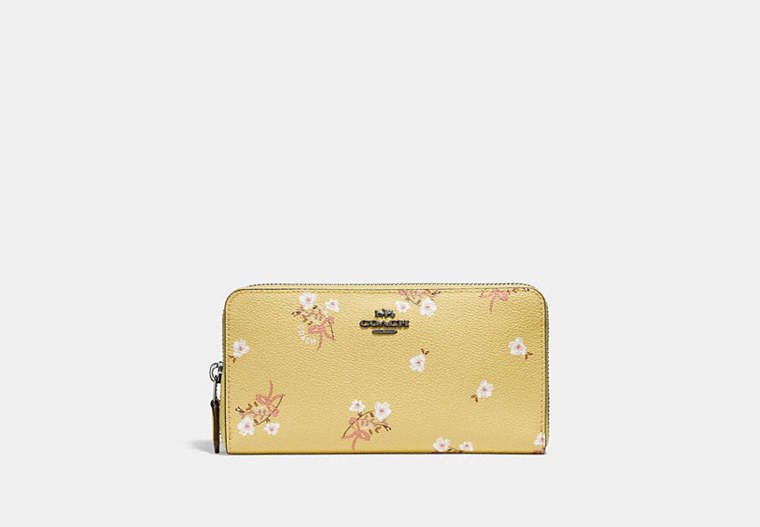 COACH®,ACCORDION ZIP WALLET WITH FLORAL BOW PRINT,pvc,Sunflower Floral Bow/Dark Gunmetal,Front View