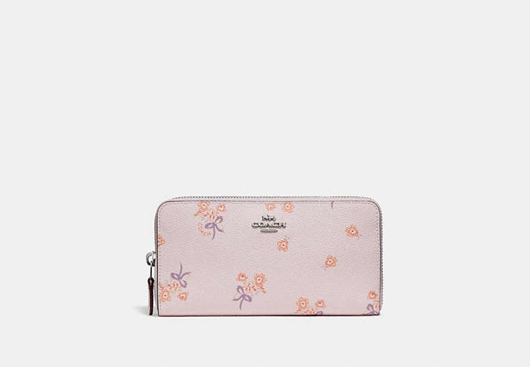 COACH®,ACCORDION ZIP WALLET WITH FLORAL BOW PRINT,pvc,Silver/Ice Pink Floral Bow,Front View