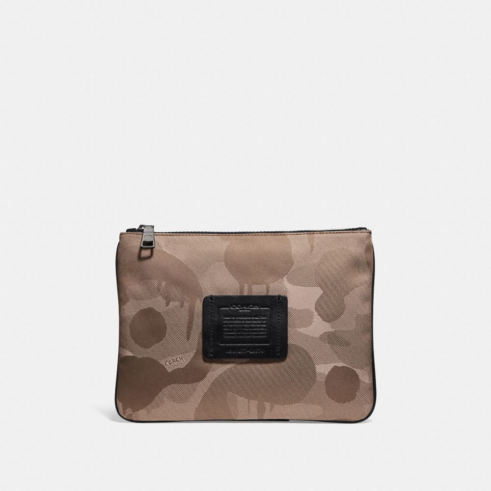 COACH®,MULTIFUNCTIONAL POUCH WITH CAMO PRINT,Leather,LIGHT KHAKI,Front View image number 0