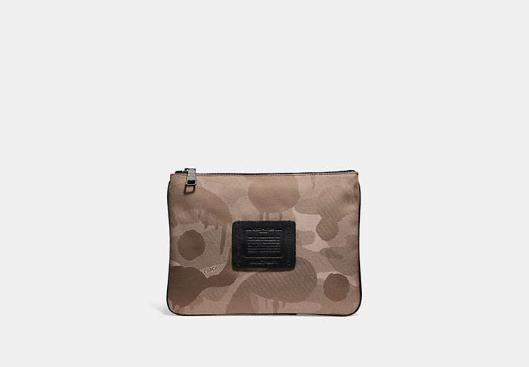 COACH®,MULTIFUNCTIONAL POUCH WITH CAMO PRINT,Leather,LIGHT KHAKI,Front View image number 0