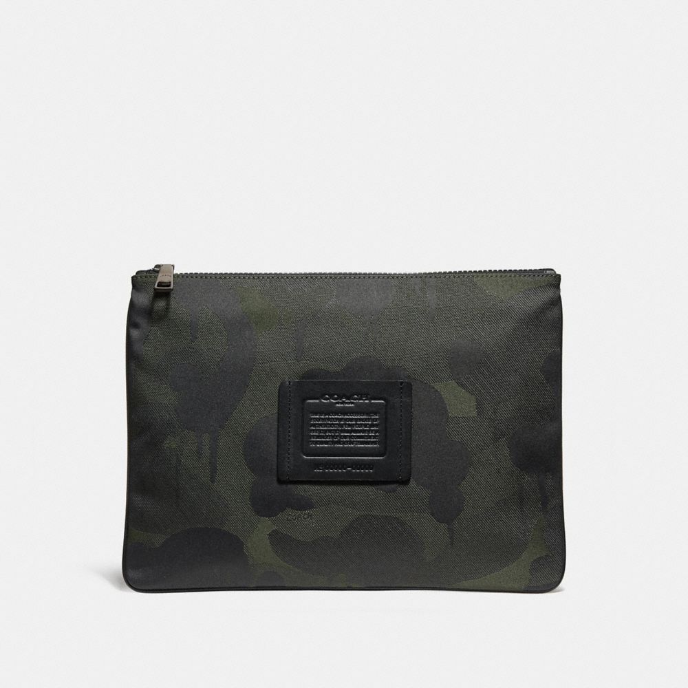 COACH®,LARGE MULTIFUNCTIONAL POUCH WITH CAMO PRINT,Leather,SURPLUS,Front View