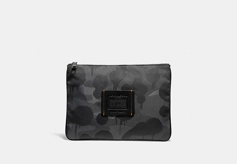 COACH®,LARGE MULTIFUNCTIONAL POUCH WITH CAMO PRINT,Leather,Charcoal,Front View
