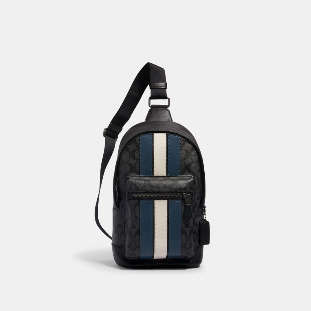COACH®,WEST PACK IN SIGNATURE CANVAS WITH VARSITY STRIPE,Signature Canvas,Gunmetal/Charcoal/Denim/Chalk,Front View