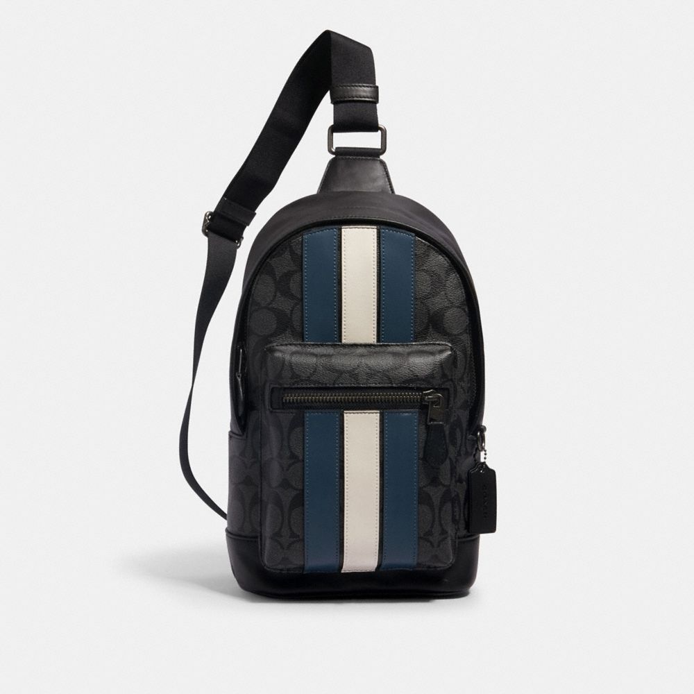 COACH®,WEST PACK IN SIGNATURE CANVAS WITH VARSITY STRIPE,Signature Canvas,Gunmetal/Charcoal/Denim/Chalk,Front View