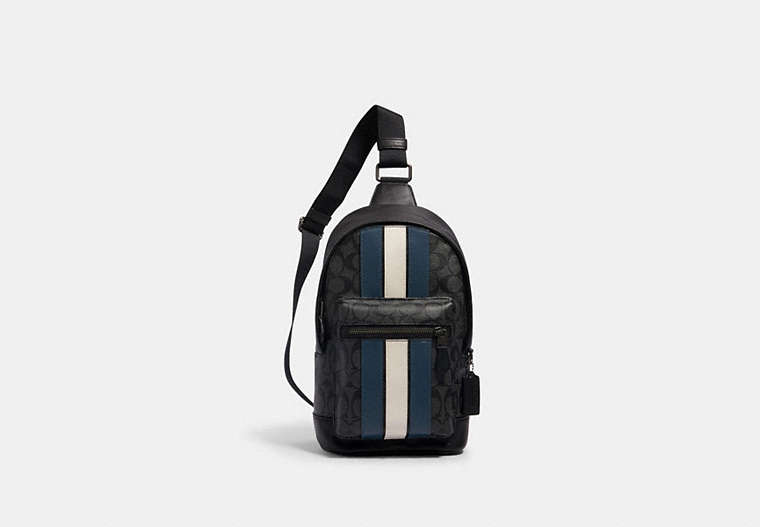 COACH®,WEST PACK IN SIGNATURE CANVAS WITH VARSITY STRIPE,pvc,Medium,Gunmetal/Charcoal/Denim/Chalk,Front View image number 0