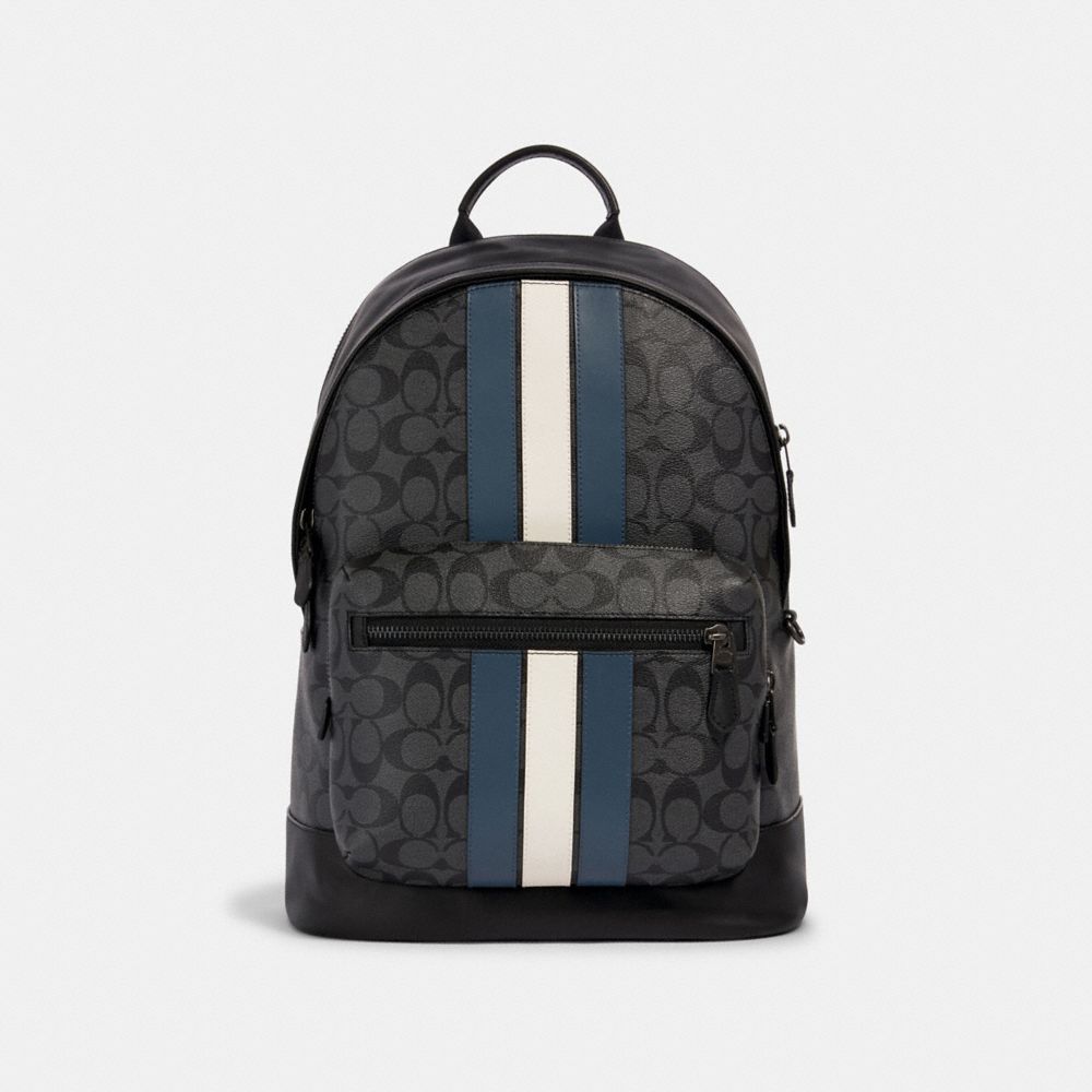 COACH®,WEST BACKPACK IN SIGNATURE CANVAS WITH VARSITY STRIPE,Signature Canvas,Gunmetal/Charcoal/Denim/Chalk,Front View