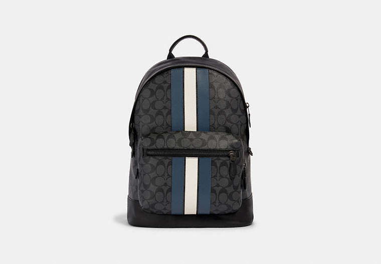 COACH®,WEST BACKPACK IN SIGNATURE CANVAS WITH VARSITY STRIPE,pvc,Gunmetal/Charcoal/Denim/Chalk,Front View image number 0