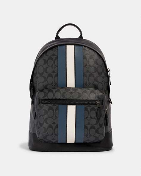 COACH®,WEST BACKPACK IN SIGNATURE CANVAS WITH VARSITY STRIPE,pvc,Gunmetal/Charcoal/Denim/Chalk,Front View