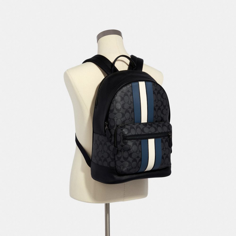 COACH®,WEST BACKPACK IN SIGNATURE CANVAS WITH VARSITY STRIPE,Signature Canvas,Gunmetal/Charcoal/Denim/Chalk,Alternate View