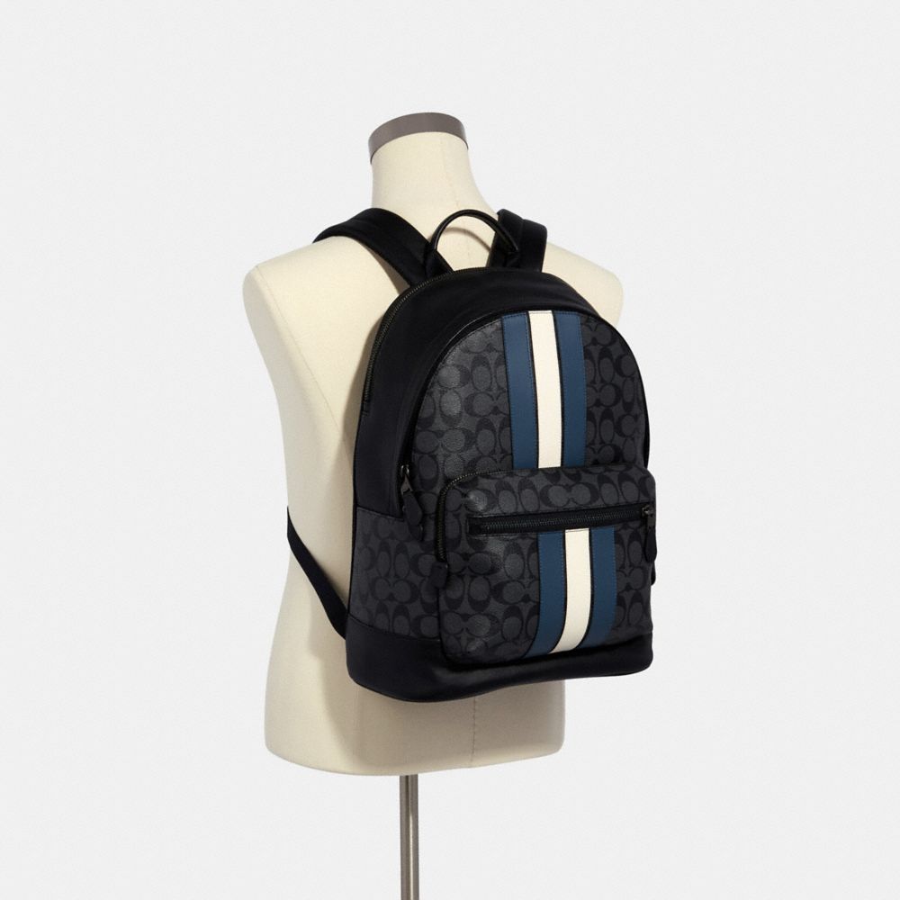 COACH®,West Backpack In Signature Canvas With Varsity Stripe,Leather,Canvas,Calfskin Leather,Backpack,PVC,Color Block,Logo...,Multi Color,Alternate View