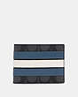 COACH®,SLIM BILLFOLD WALLET IN SIGNATURE CANVAS WITH VARSITY STRIPE,Leather,Gunmetal/Charcoal/Denim/Chalk,Front View