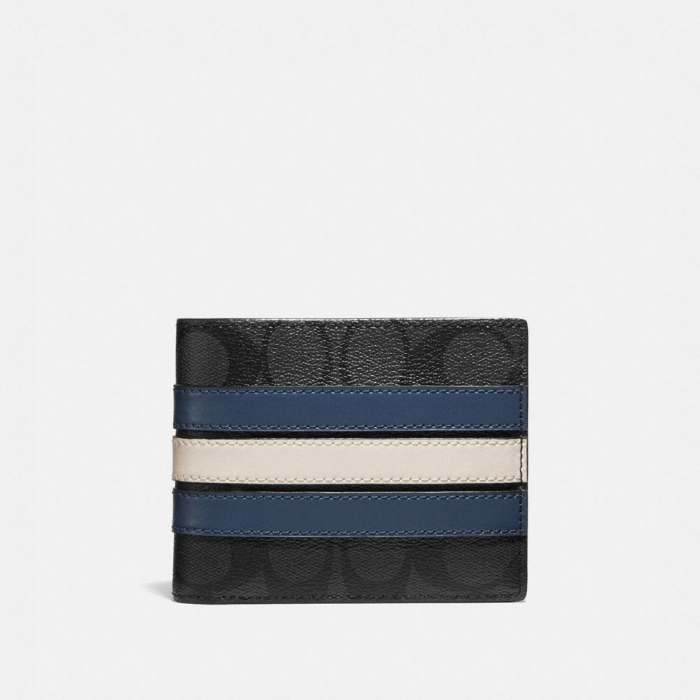 COACH®,3-IN-1 WALLET IN SIGNATURE CANVAS WITH VARSITY STRIPE,Signature Canvas,Mini,Gunmetal/Charcoal/Denim/Chalk,Front View image number 0