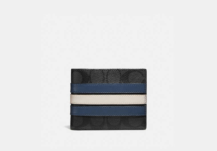 COACH®,3-IN-1 WALLET IN SIGNATURE CANVAS WITH VARSITY STRIPE,Leather,Gunmetal/Charcoal/Denim/Chalk,Front View image number 0
