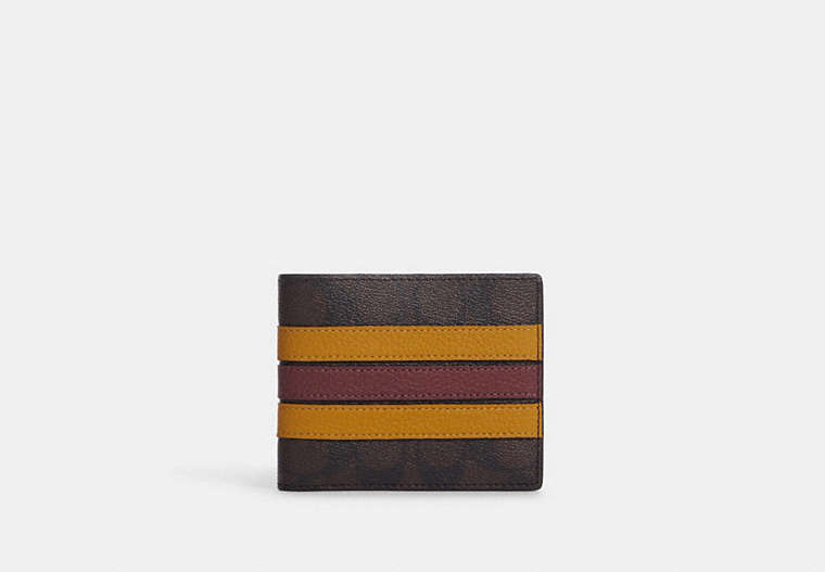 COACH®,3-IN-1 WALLET IN SIGNATURE CANVAS WITH VARSITY STRIPE,Leather,Mini,Black Antique Nickel/Mahogany/Buttercup Multi,Front View