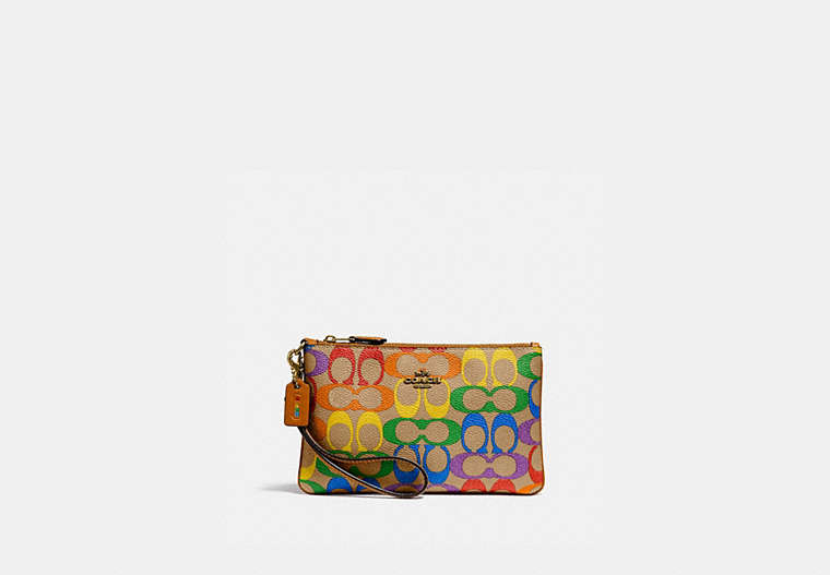 COACH®,SMALL WRISTLET IN RAINBOW SIGNATURE CANVAS,Signature Coated Canvas,Mini,Brass/Tan Penny Multi,Front View
