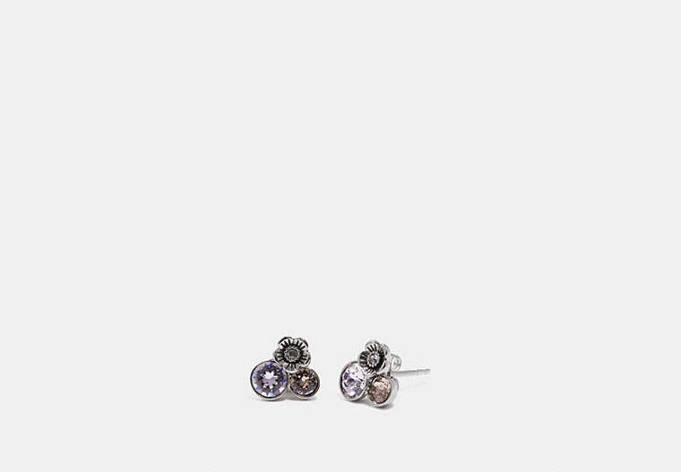 COACH®,TEA ROSE CLUSTER STUD EARRINGS,Metal,Silver/Clear,Front View