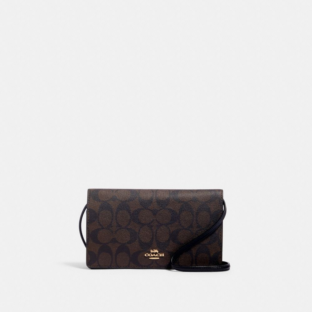 COACH®,ANNA FOLDOVER CLUTCH CROSSBODY IN SIGNATURE CANVAS,Medium,Gold/Brown Black,Front View