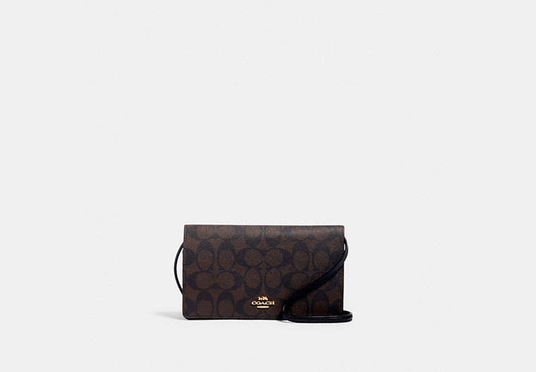COACH®,ANNA FOLDOVER CLUTCH CROSSBODY IN SIGNATURE CANVAS,pvc,Medium,Gold/Brown Black,Front View image number 0