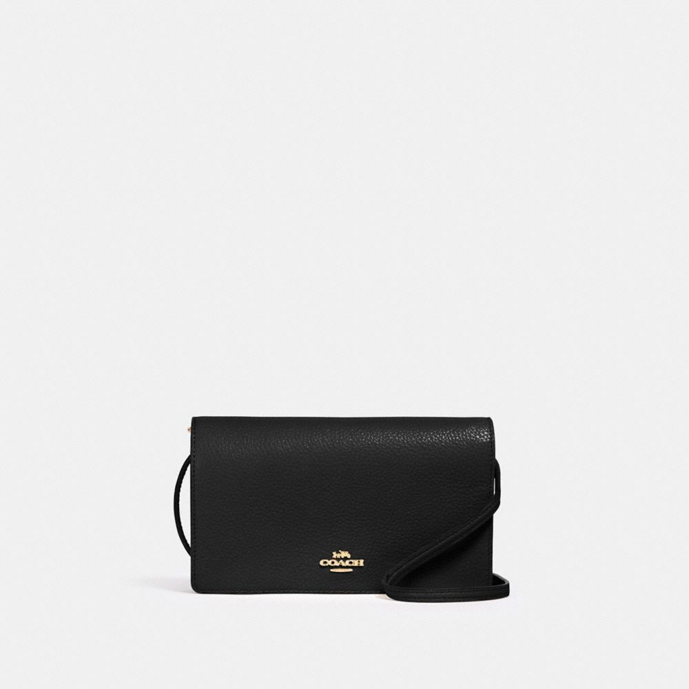 COACH®,ANNA FOLDOVER CLUTCH CROSSBODY,Pebbled Leather,Medium,Anniversary,Gold/Black,Front View