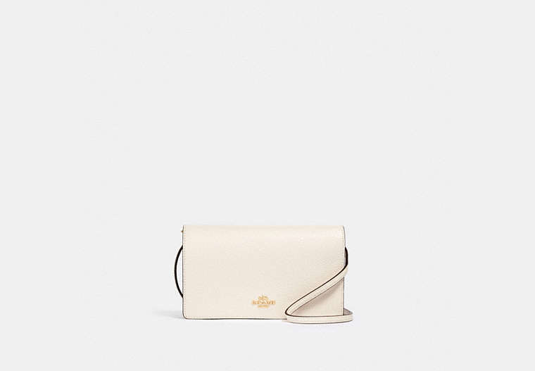 COACH®,ANNA FOLDOVER CLUTCH CROSSBODY,Pebbled Leather,Medium,Anniversary,Gold/Chalk,Front View
