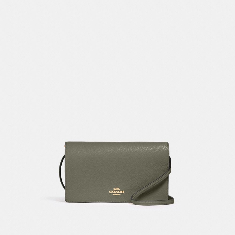 COACH®,ANNA FOLDOVER CLUTCH CROSSBODY,Pebbled Leather,Medium,Anniversary,Gold/Military Green,Front View