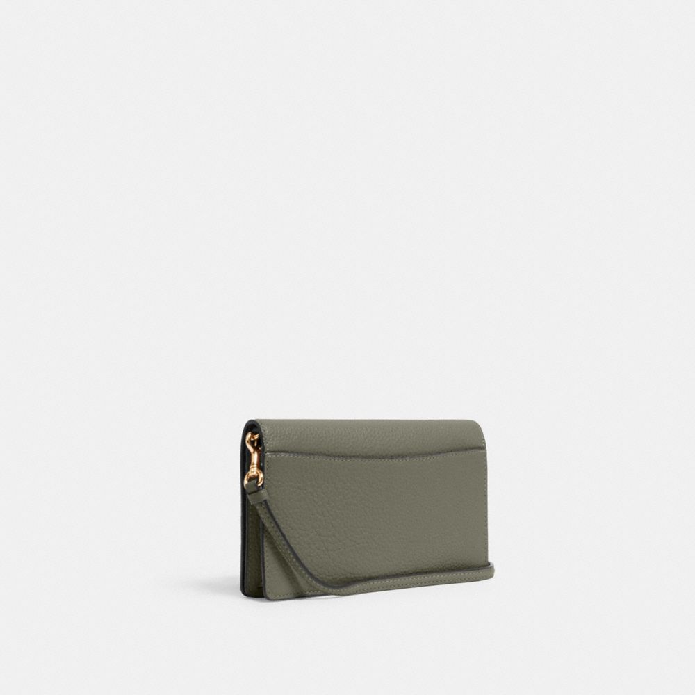 COACH®,ANNA FOLDOVER CLUTCH CROSSBODY,Pebbled Leather,Medium,Anniversary,Gold/Military Green,Angle View