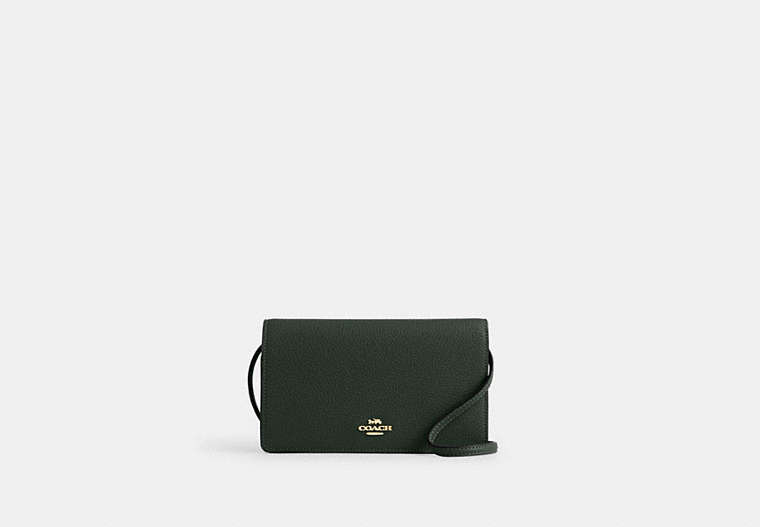 COACH®,ANNA FOLDOVER CLUTCH CROSSBODY,Pebbled Leather,Medium,Anniversary,Gold/Amazon Green,Front View