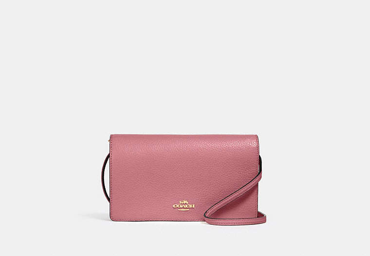 COACH®,ANNA FOLDOVER CLUTCH CROSSBODY,Pebbled Leather,Medium,Anniversary,Gold/Rose,Front View